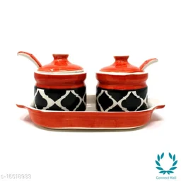 Pickle Jar| Achar Barni with Lid Spoon and Tray - Red